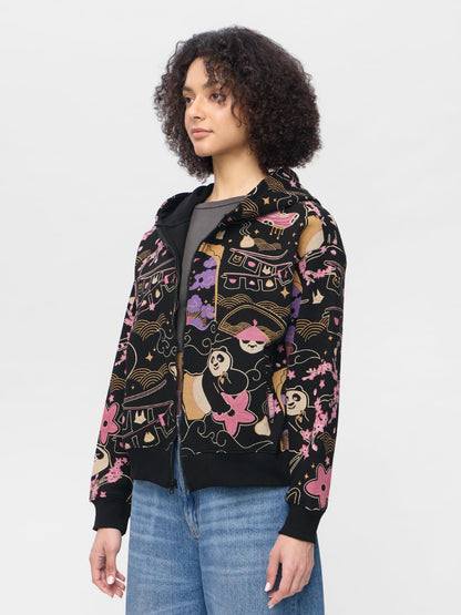 The Souled Store Kung Fu Panda: Warrior Women and Girls Long Sleeves Hooded Neck Zipper Front Black All Over Printed Cotton Blen