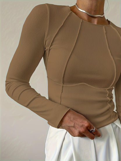 Shasmi Womens Elegant Solid Brown Solid Color Split Bust Long Sleeved Round Neck New Spring and Summer Plain Everyday Matching