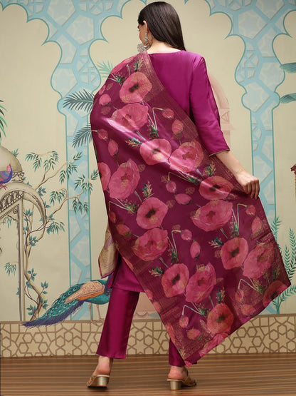 Ishin Notch Neck Silk Crepe Straight A-Line Kurta With Trousers & Dupatta | Kurta Set For Women | Kurta With Trousers And Dupatt