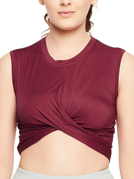 Clovia Womens Comfort-Fit Front Fold Active Crop Top (AT0177P09_Maroon_XL)