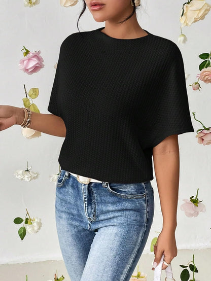 Trillmixa WomanS Waffle T Shirt With Round Neck Half Sleeves Solid Pattern Cutaway Collar Regular Fit And Standard Length Black