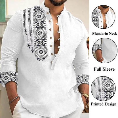 Deemoon MenS Cotton Blend Mandarin Collar Self One Design Full Sleeve Casual Short Kurta White