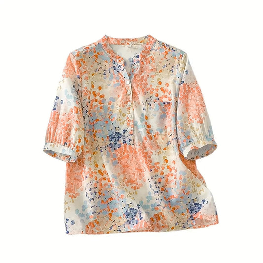 Gufrina WomenS Soft Orange Abstract Printed Western Top With Mandarin Collar, Half Button Placket And Relaxed Puff Sleeves(Oran