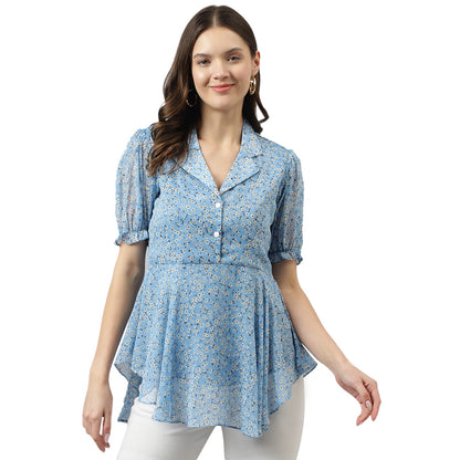 TOOCHKI Womens Light Blue Georgette Floral Flared Western Top | Winter Top | Western Top | Top for Women | Latest Women Top | T
