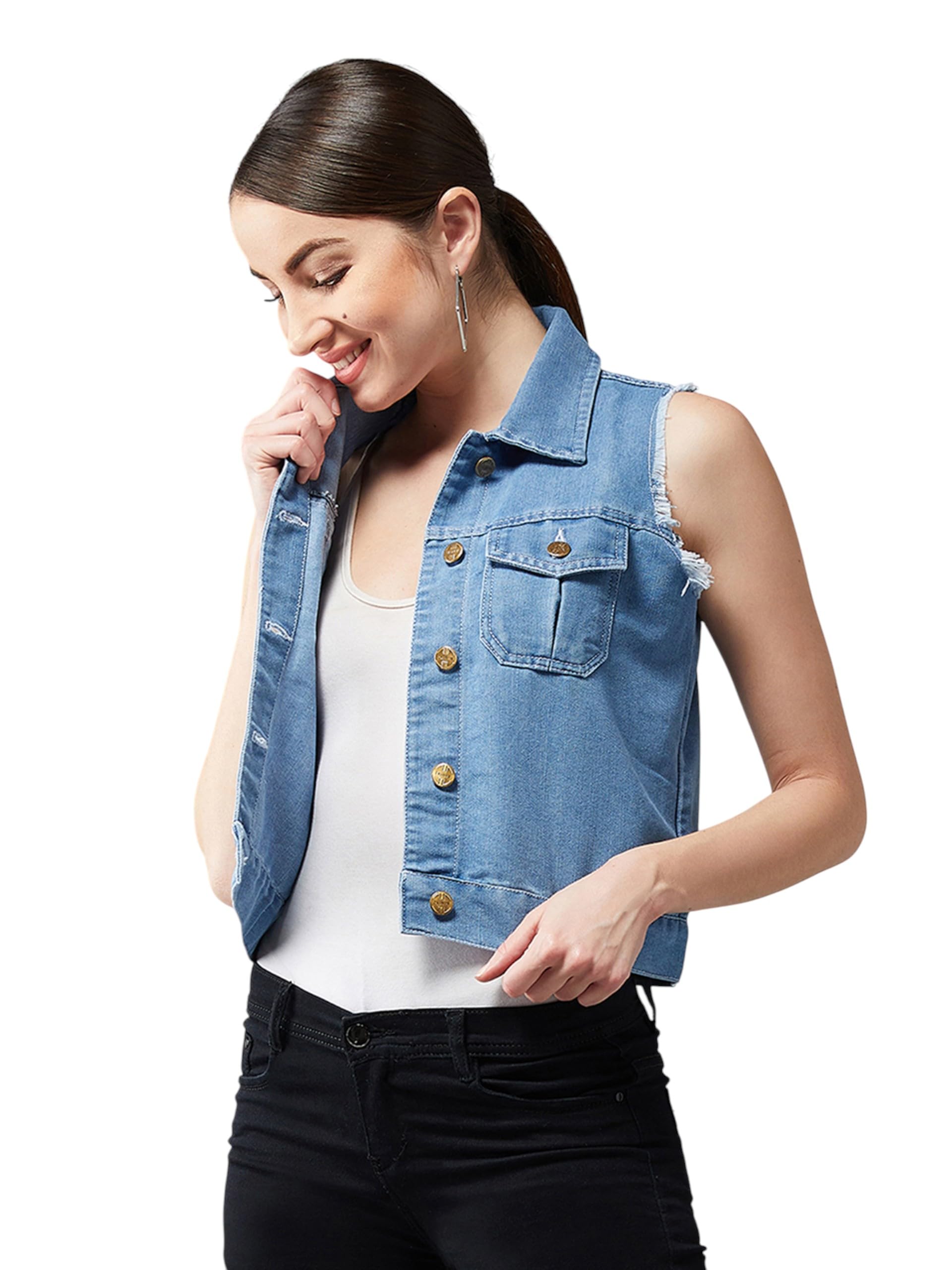 Dolce Crudo Womens Polo Neck Sleeveless Denim Buttoned Ice Wash Raw Edge Detailing Crop Denim Jacket (DOAW23DEN98-17-350-04, Ba