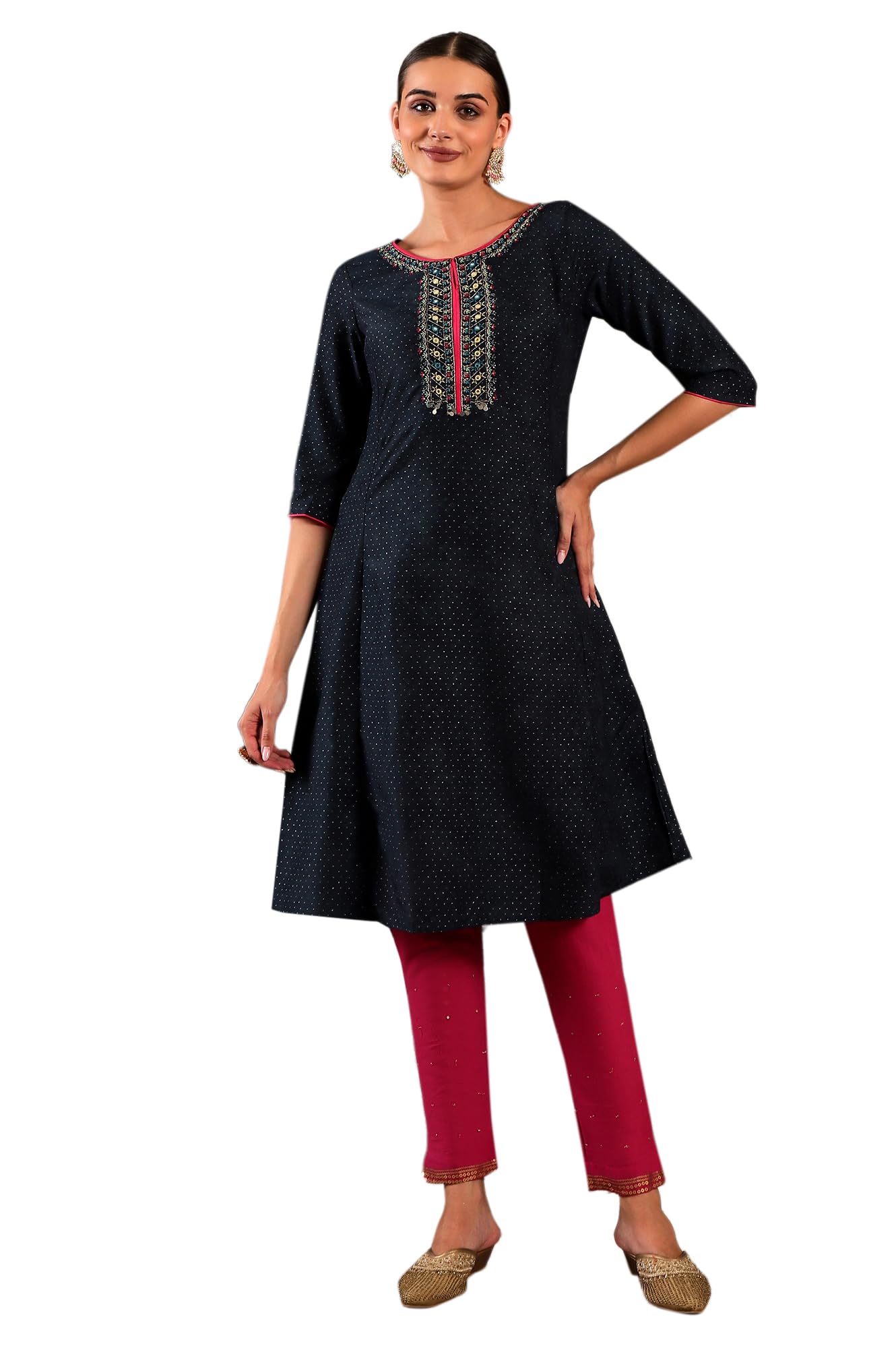 W For Woman Dark Blue Synthetic Polka Dot Regular Kurta With Glitter