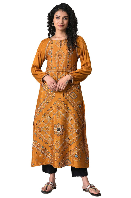 W For Woman Dark Yellow Ethnic Motif Long Kurta With Coins