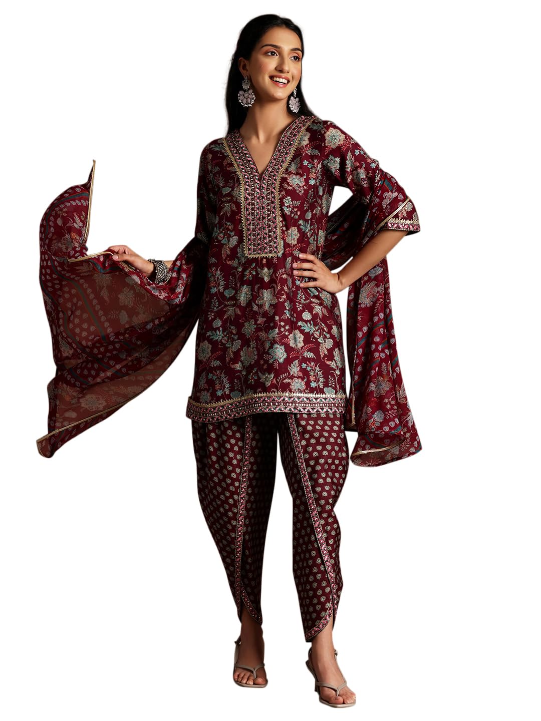 Libas Womens Printed Silk Blend Straight Kurta With Dhoti Pant And Dupatta