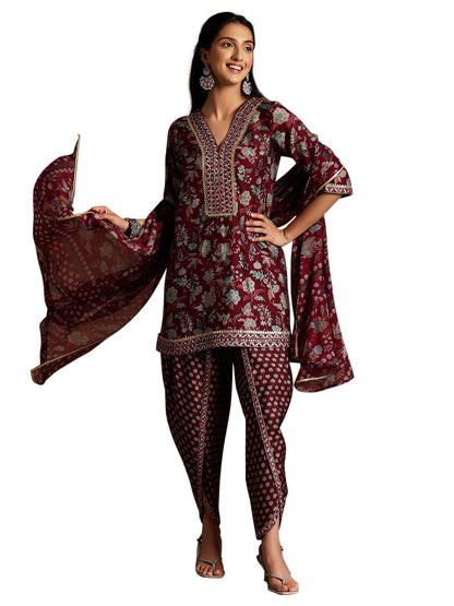 Libas Womens Printed Silk Blend Straight Kurta With Dhoti Pant And Dupatta