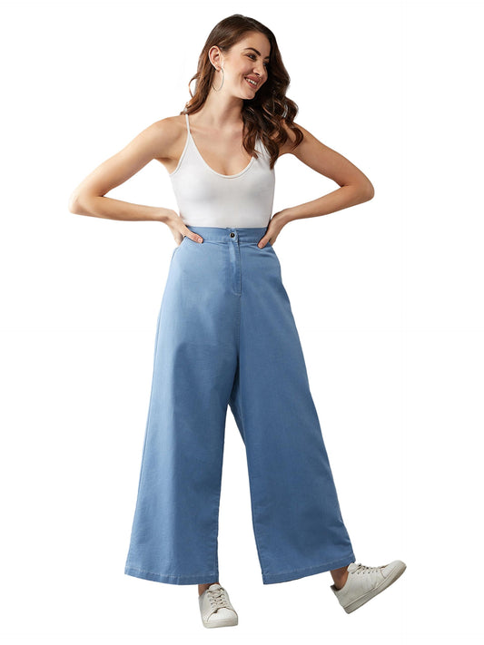 Dolce Crudo Womens Blue Flared Wide-Leg High Rise Clean Look Regular Length Stretchable Denim Pants(DOAW18DEN07-03-115-26,Blue,