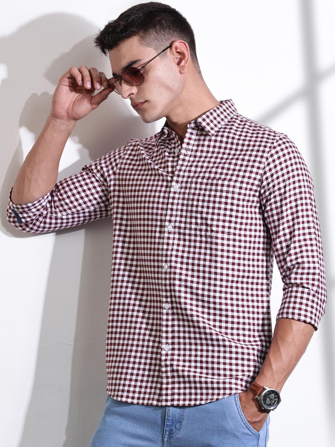 Thomas Scott Men | Long Sleeves | Gingham Checks | 100% Cotton | Spread Collar | Casual Shirt | (Available in Plus Size)(TS1481_