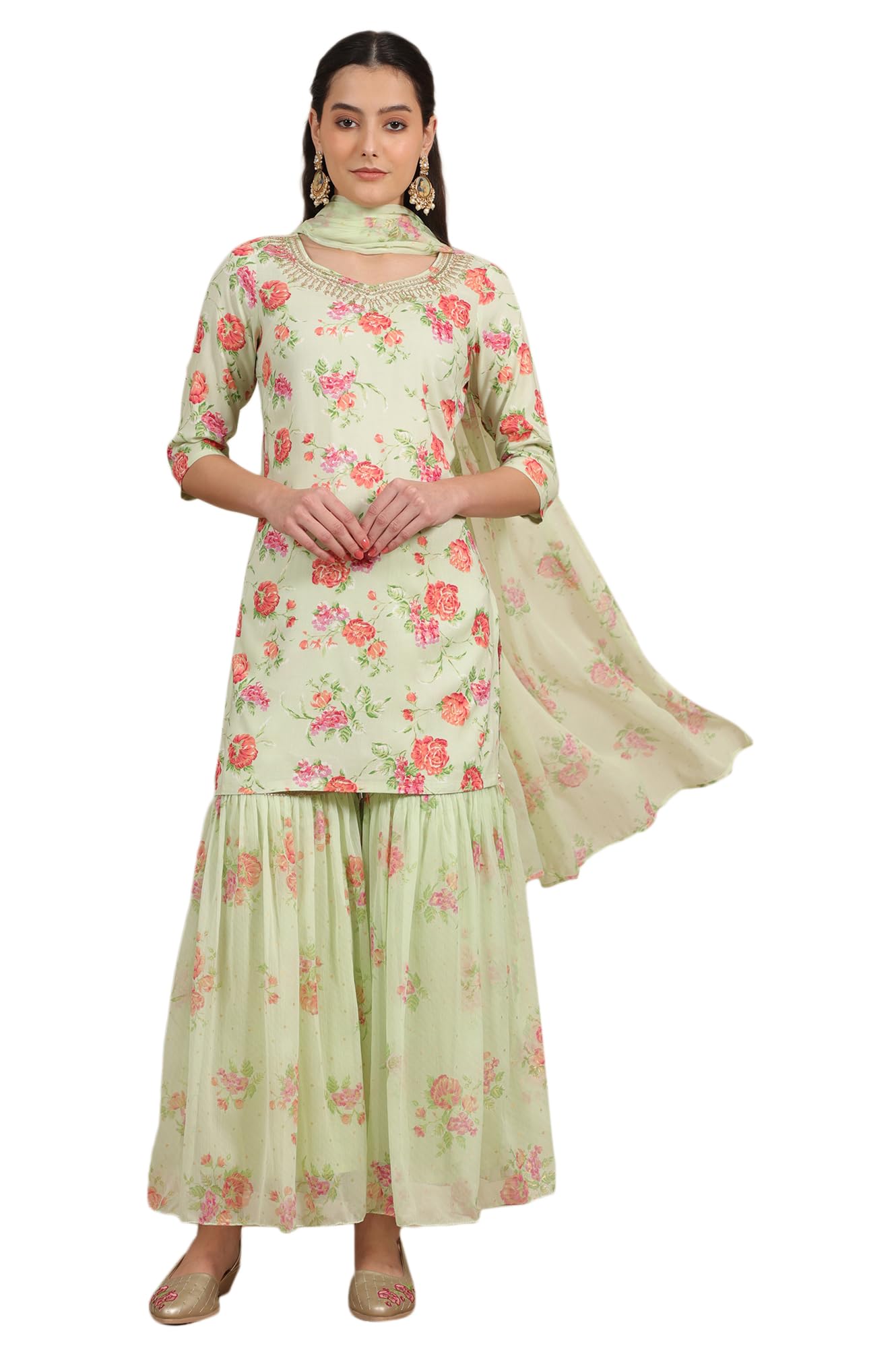 Aurelia Women's Pink Zari Embroidered Tissue Flared Kurta and Pants and Dupatta Set (Size: M)-AS15662-509032
