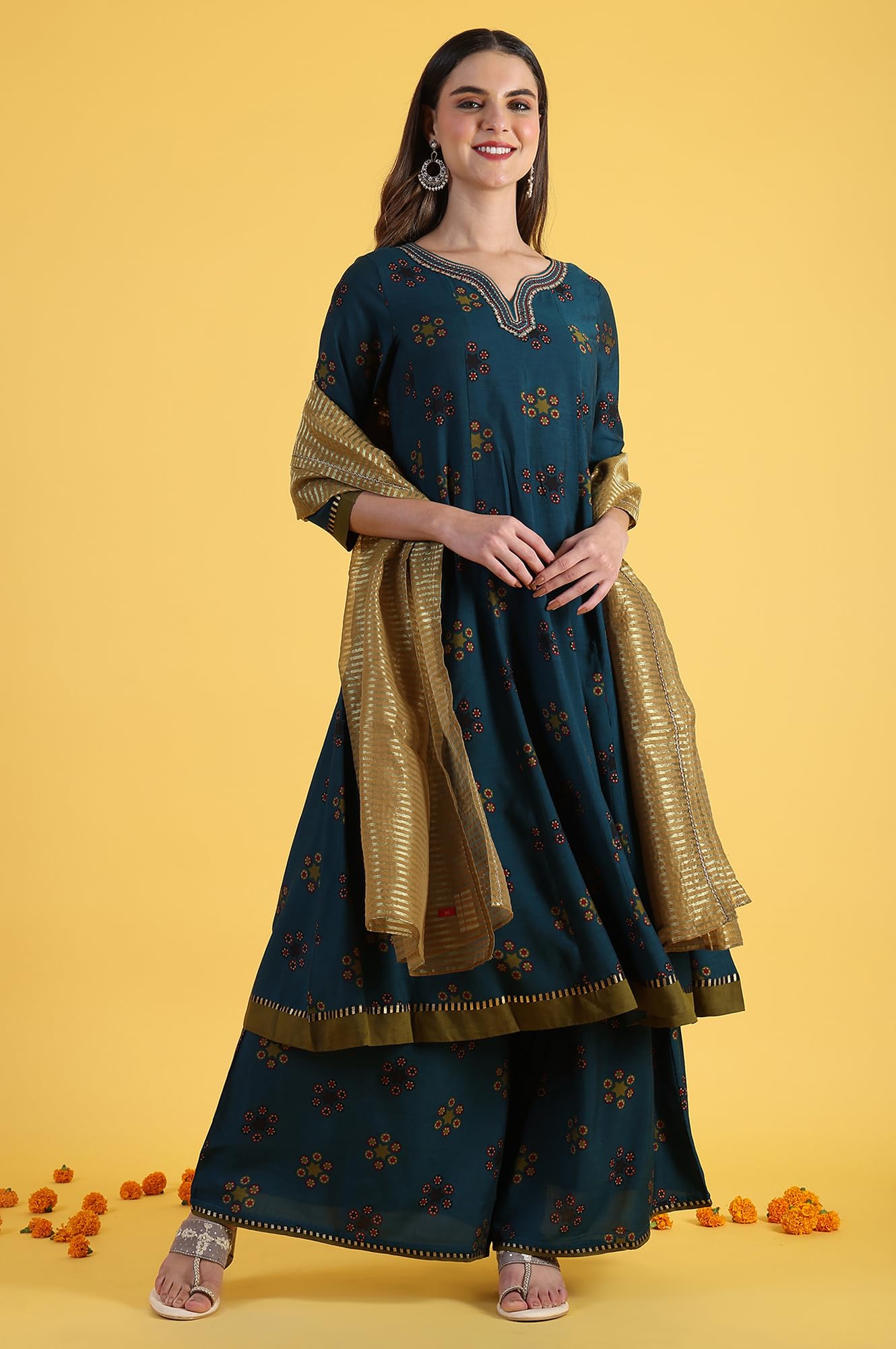 W for Woman Printed Sequins Flared Kurta & Flared Pants with Dupatta Set