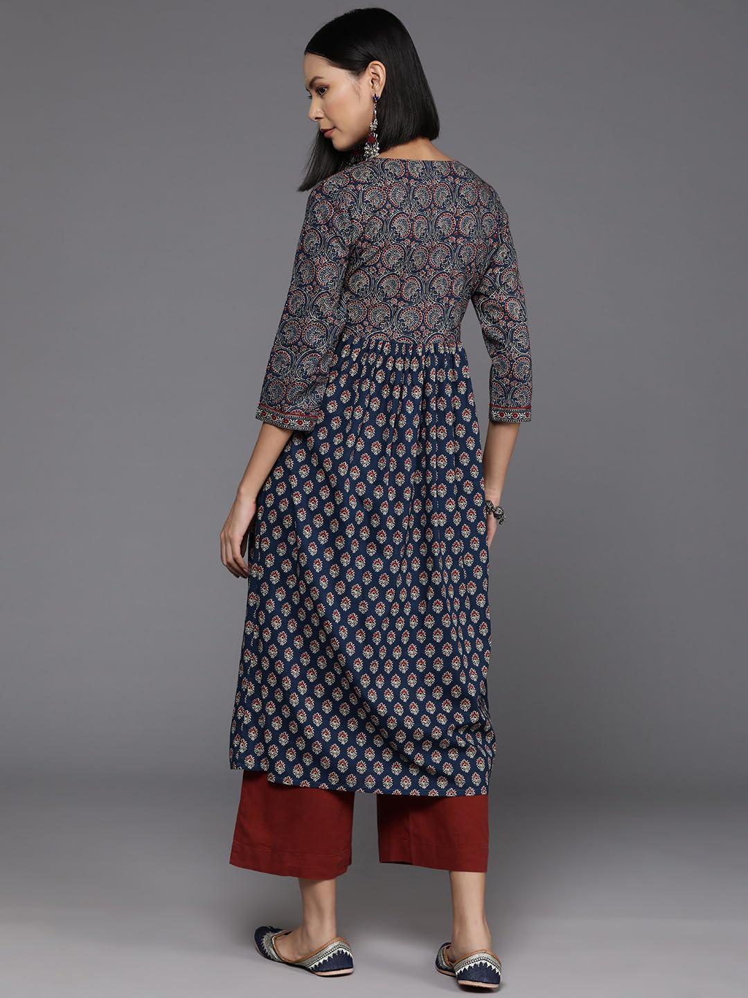 Varanga WomenS Blue & Maroon Bandez Printed Anarkali Kurta  Elegant Long Sleeve Traditional Dress, Indian Ethnic Wear For Women,
