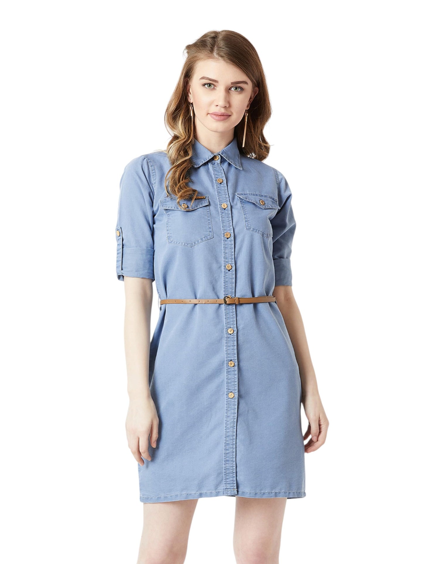 Miss Chase Womens Polo Neck Rolled Up Full Sleeve Denim Solid Buttoned A-Line Mini Dress (MCSS25DEN66-76-481-03, Patrick Blue, 