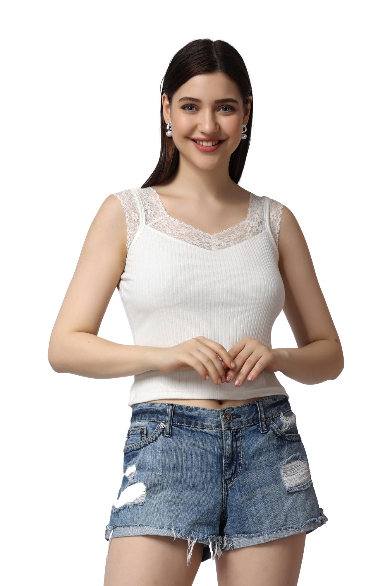 POPWINGS Casual Solid Self Design Ribbed Lace Work Crop Top for Women || Sleeveless Crop Top for Women || Sweetheart Neck Women