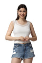 POPWINGS Casual Solid Self Design Ribbed Lace Work Crop Top for Women || Sleeveless Crop Top for Women || Sweetheart Neck Women