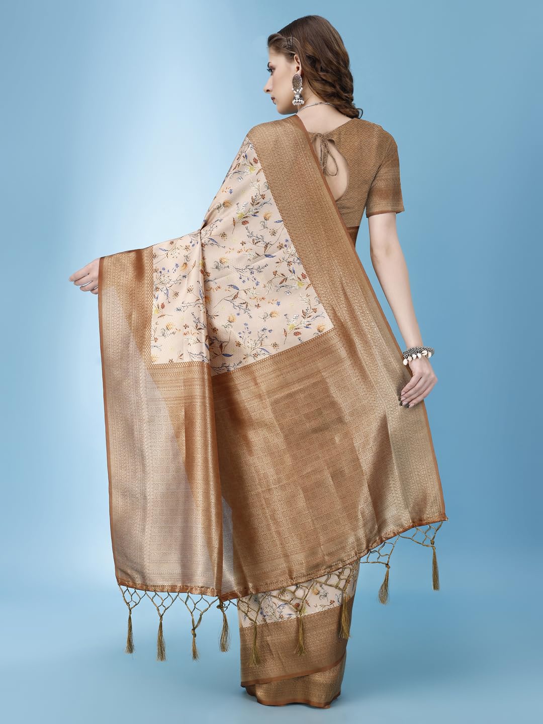 Pujia Mills Smooth Silk Saree For Women Indian Ethnic Wear Pure Silk Blend Zari Weaving Floral Digital Printed Smooth Silk Light
