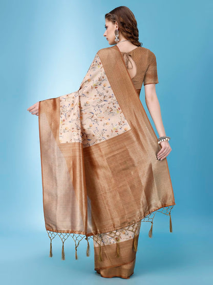 Pujia Mills Smooth Silk Saree For Women Indian Ethnic Wear Pure Silk Blend Zari Weaving Floral Digital Printed Smooth Silk Light