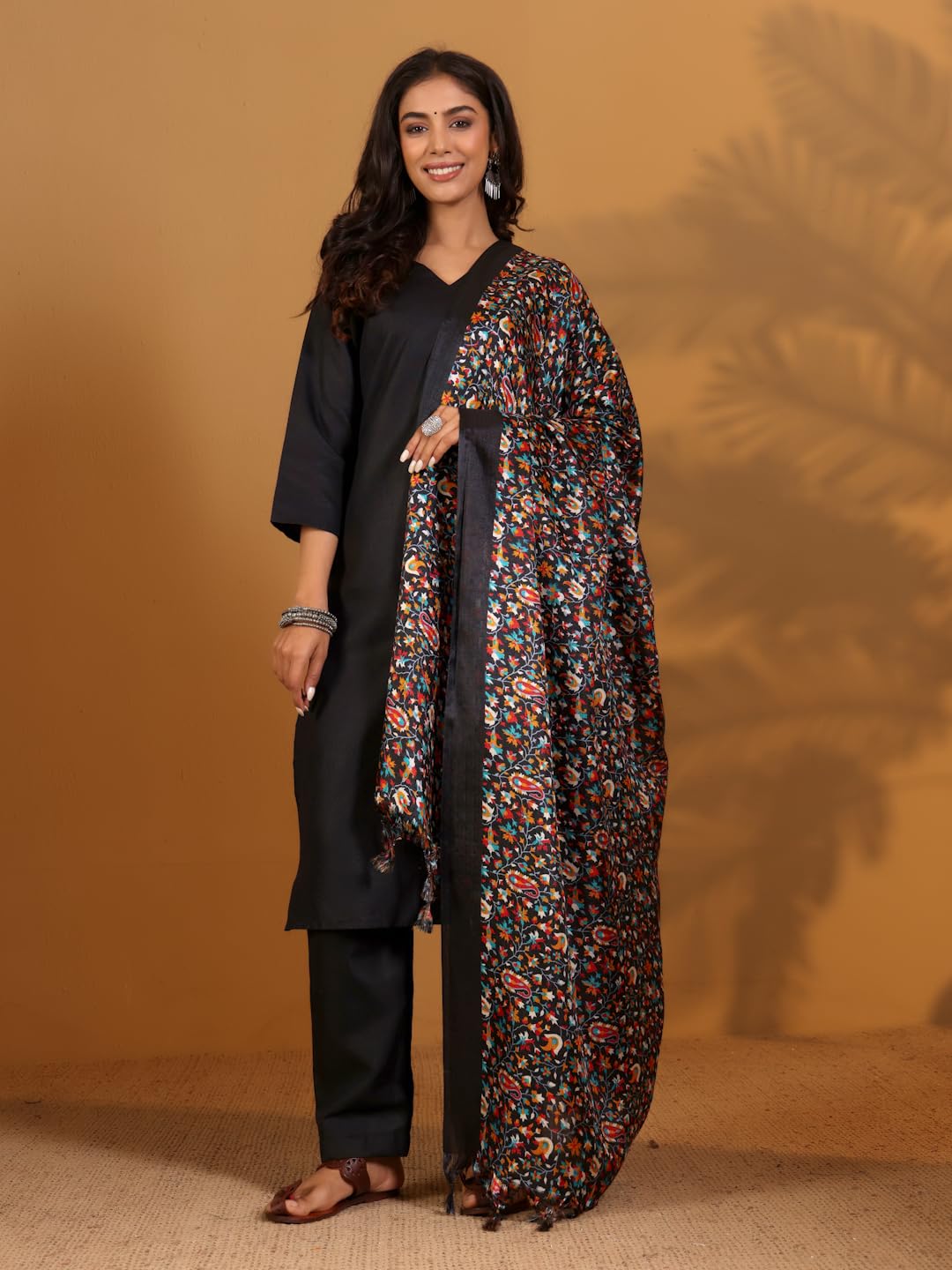 Varanga WomenS Black V-Neck Kurta Set With Ankle-Length Pants & Kalamkari Dupatta  Elegant Ethnic Wear For Festive & Casual Occ