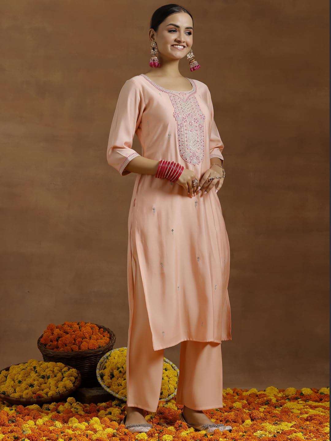 Libas WomenS Silk Blend Kurta Sets (Gs923_Peach