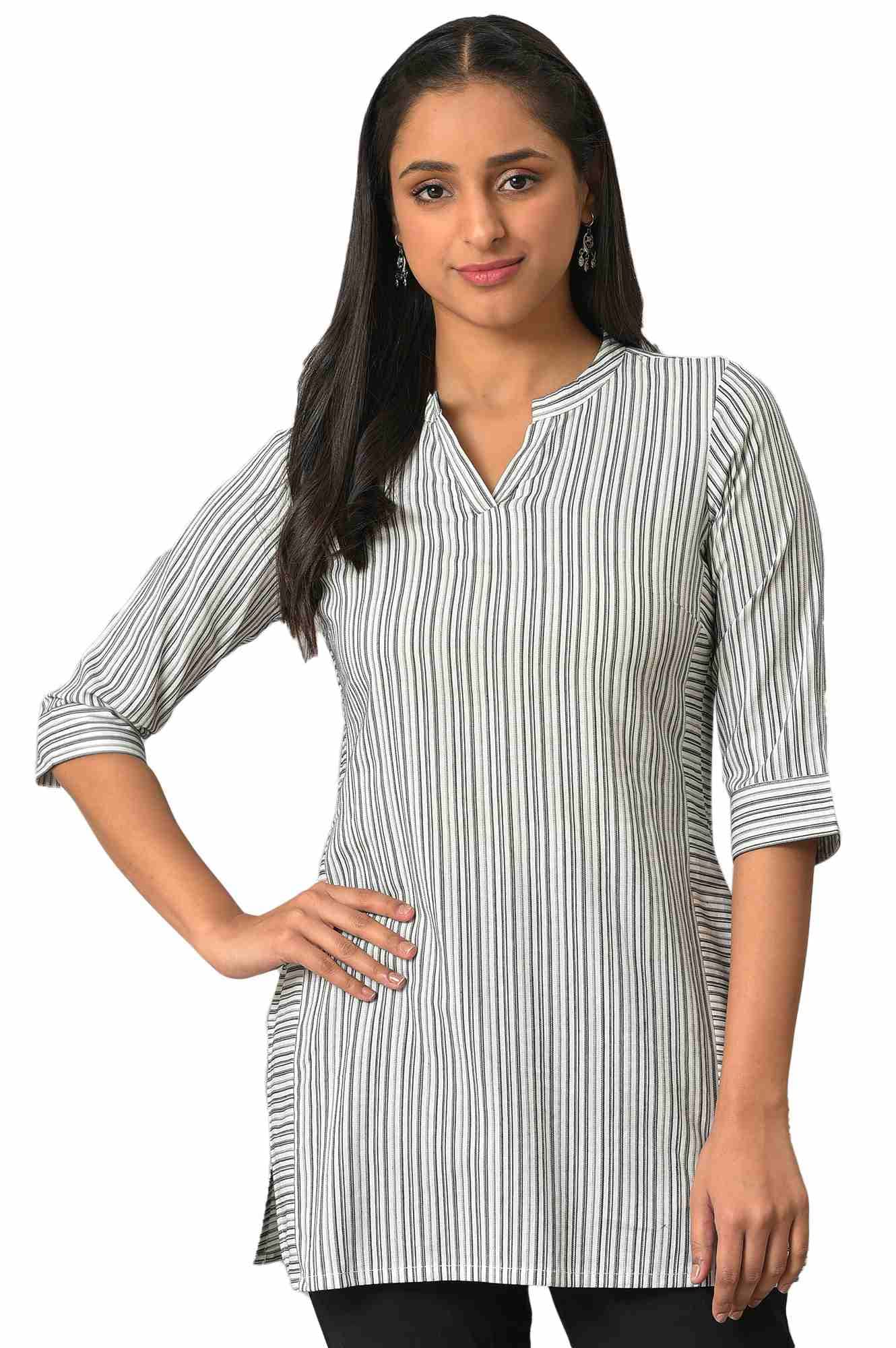 White Striped Collar Band With V-Slit Plus Size Kurti