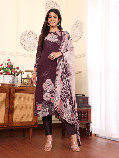 Varanga Women Pure Purple Floral Printed Kurta Set And Dupatta