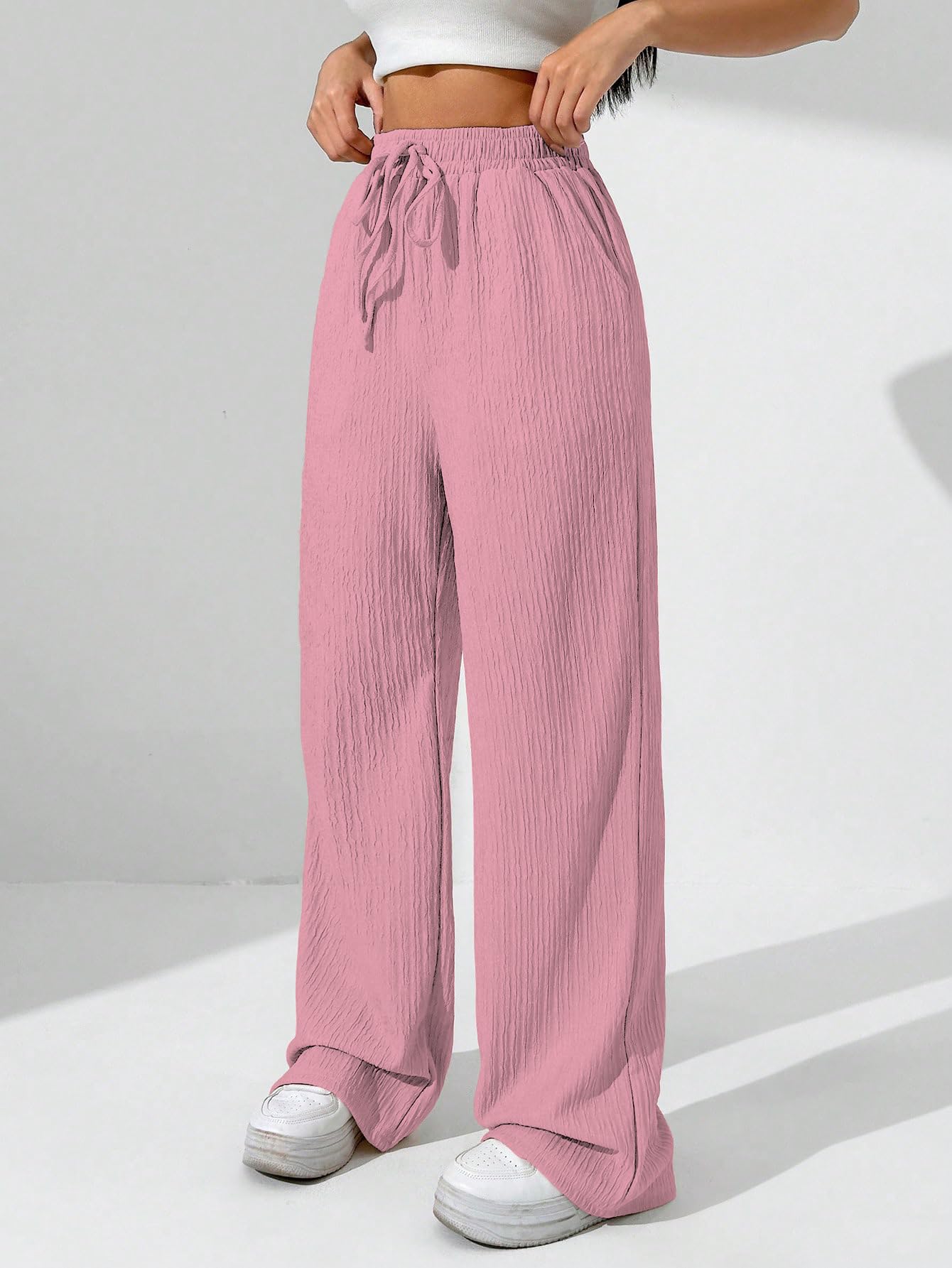 Sugathari Womens Baby Pink Loose Wide-Leg Pants with Textured Wrinkled Fabric and Drawstring Waist Long Trousers (Trouser 157 B