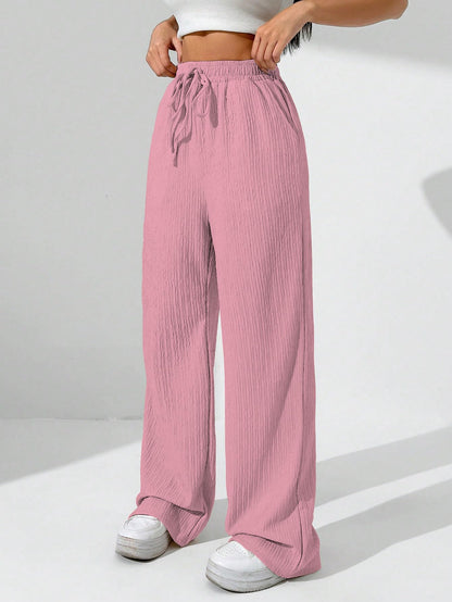 Sugathari Womens Baby Pink Loose Wide-Leg Pants with Textured Wrinkled Fabric and Drawstring Waist Long Trousers (Trouser 157 B