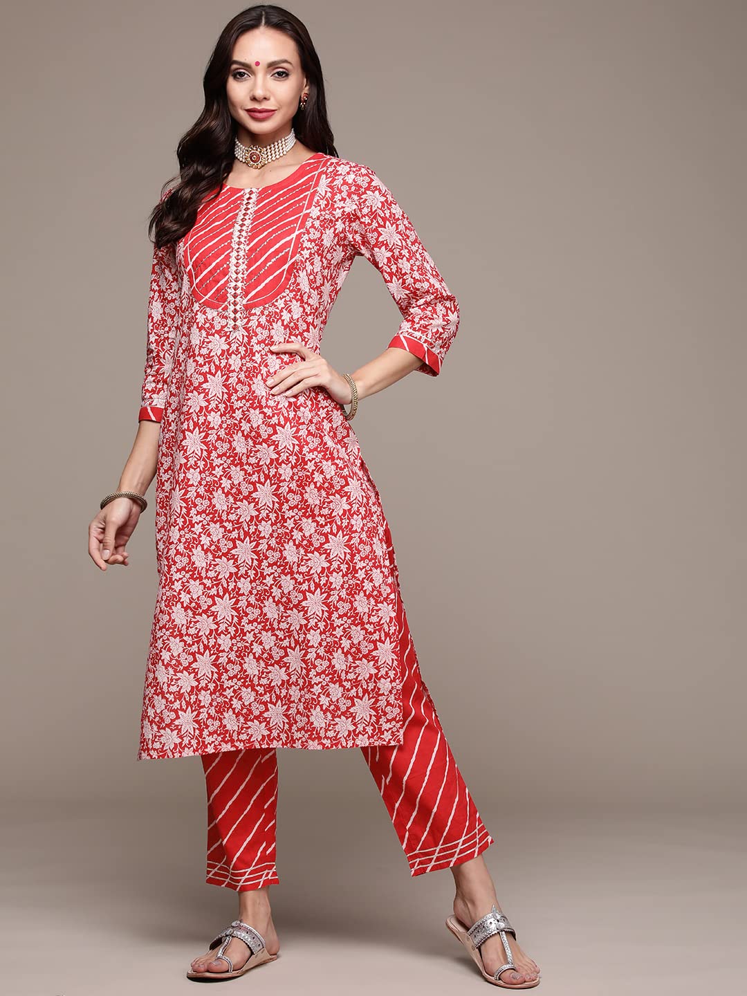 anubhutee Women's Cotton Red Gota Patti work Floral Printed Straight Kurta Suit Set with Pants