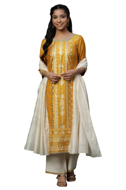 Aurelia Yellow Abstract Printed Geometric Printed Blend Kurta Dupatta Bottomwear