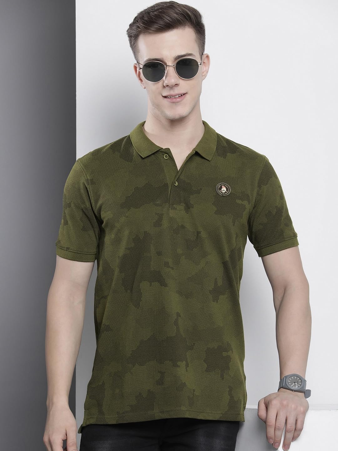 The Indian Garage Co Men Slim Fit Abstract Printed Polo Collar Tshirt Olive