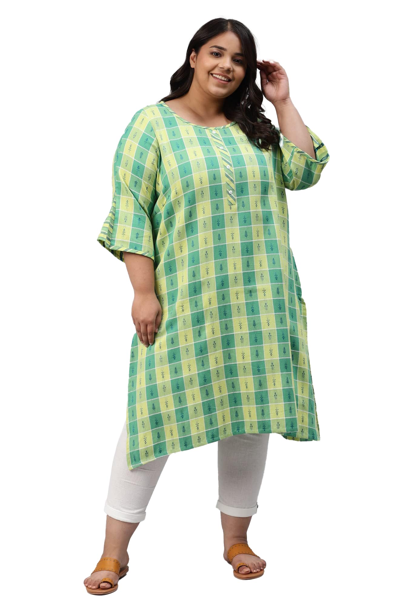 Aurelia Women Lime Sherbet Dobby Floral Yarn Dyed Straight Kurta_22Aua13529P-702541_4Xl
