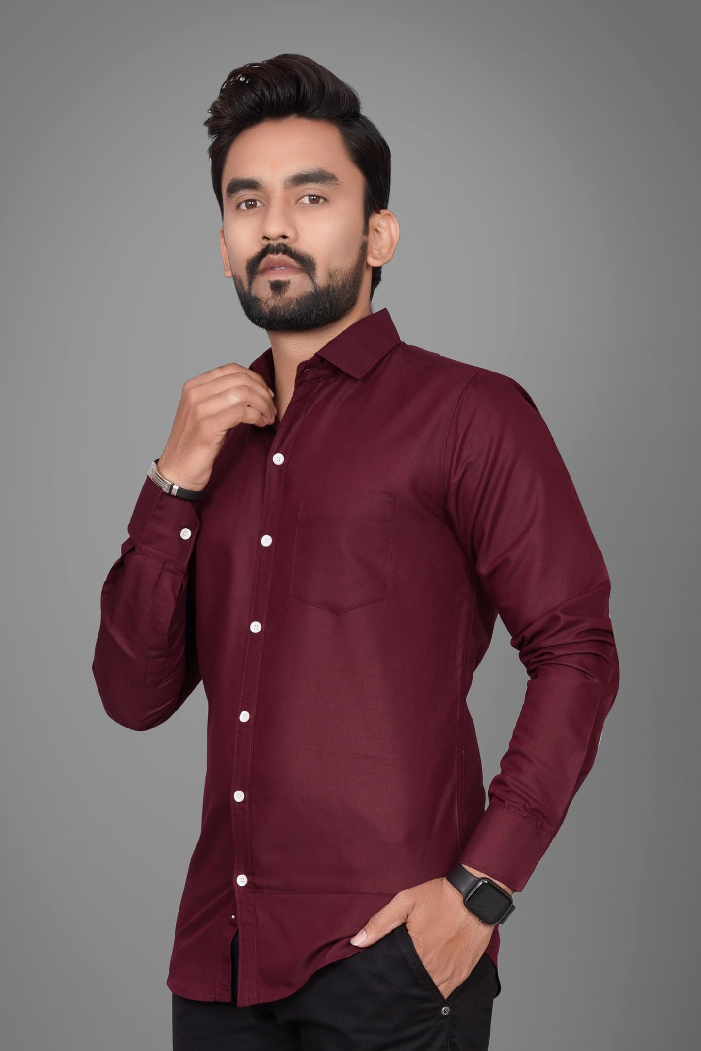 Besix MenS Cotton Blend Solid Shirt With Spread Collared Full Sleeve Button Closure Curved Hem Straight Length And One Pocket |