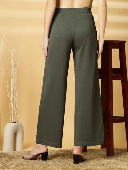 Womens Wide Leg Pants | Solid Green Stretchable Polyester Trousers | Stylish Korean Clothing | Flared, Straight Fit, Baggy, and