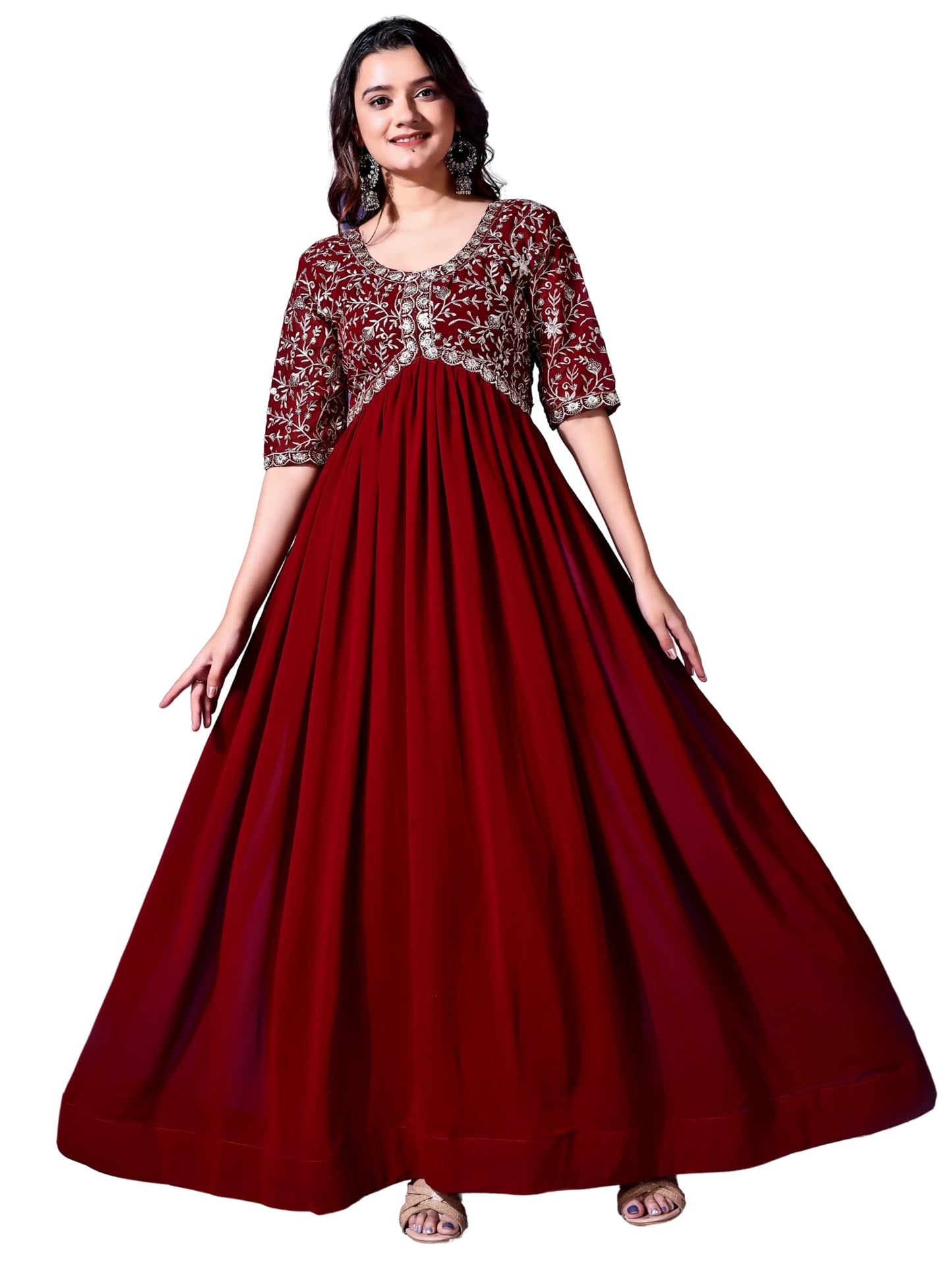 Wedani Georgette Embroidered Long Gown for Women Maroon