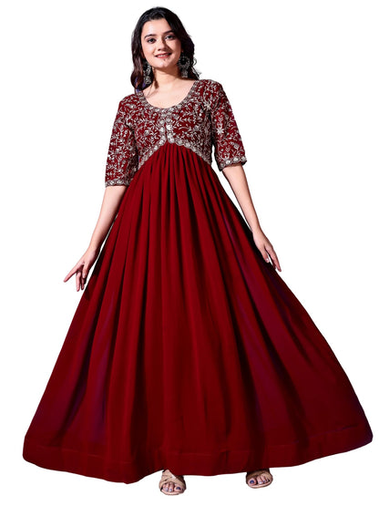 Wedani Georgette Embroidered Long Gown for Women Maroon
