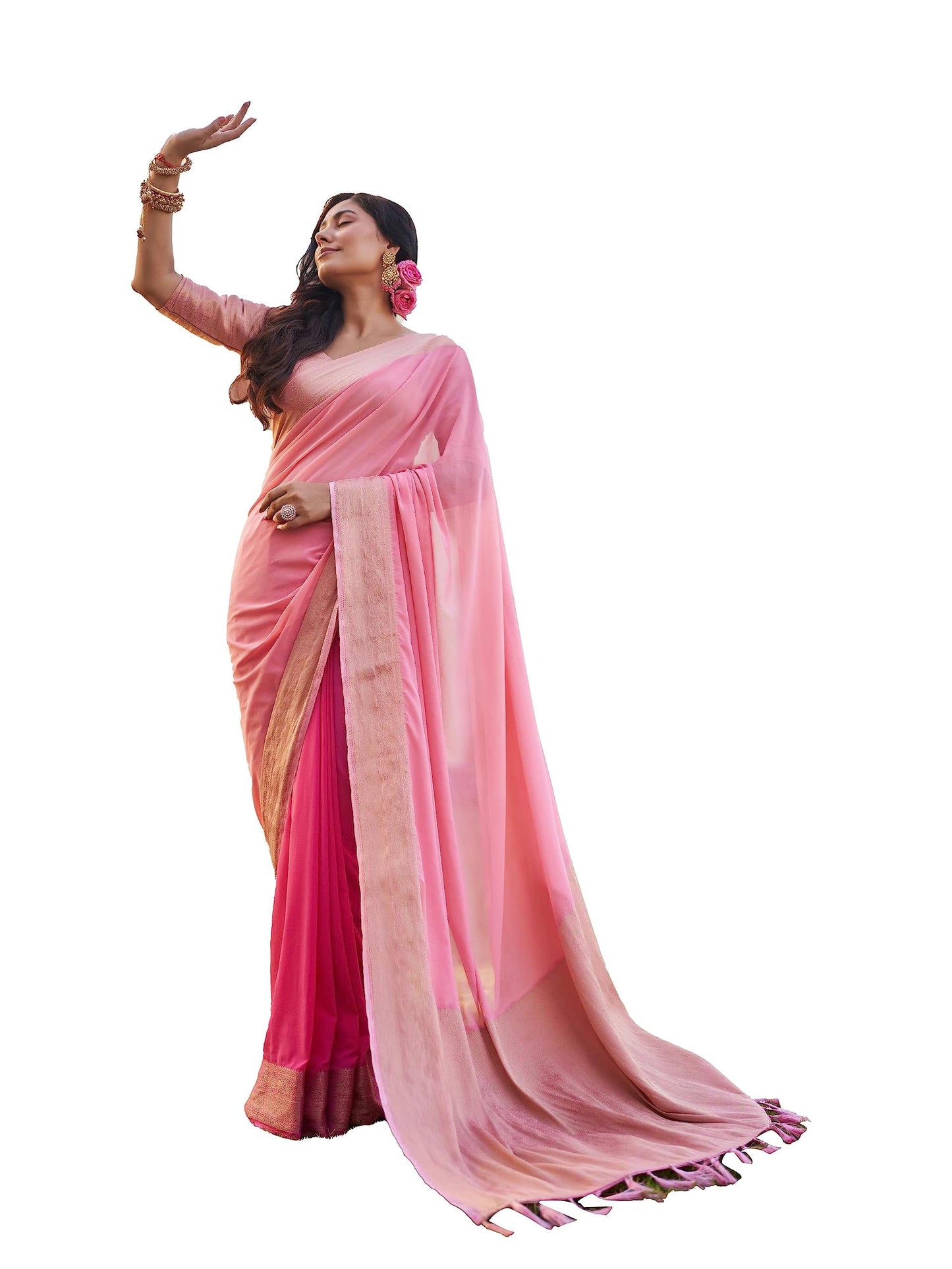 Vardha Womens Banarasi Georgette Half and Half Saree with Unstitched Blouse Piece - Gold Zari Woven Work Sarees for Wedding (ish