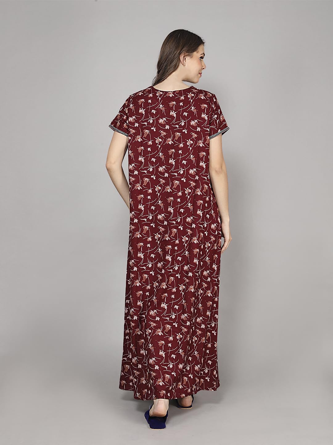 Evolove Alpine Fabric Nighty Maxi For Women With Side Pocket And Neckline Embroidery | Printed Short Sleeves Full Length Night W