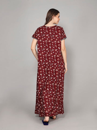 Evolove Alpine Fabric Nighty Maxi For Women With Side Pocket And Neckline Embroidery | Printed Short Sleeves Full Length Night W