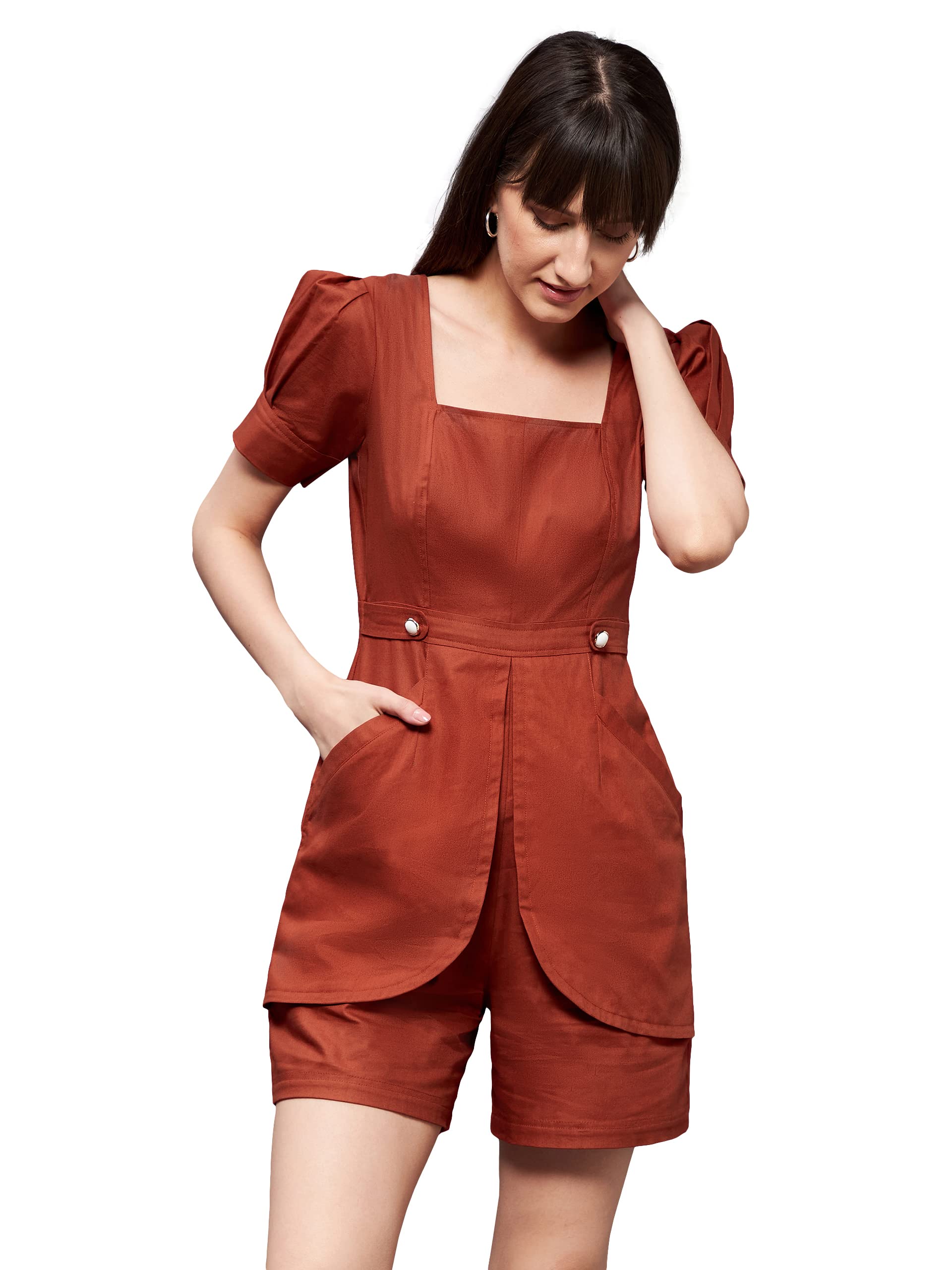 Miss Chase Womens Rust Square Neck Pleated Sleeves Solid Cotton Flap Pockets Short Playsuit (MCSS22D15-44-606-04, Rust, M)