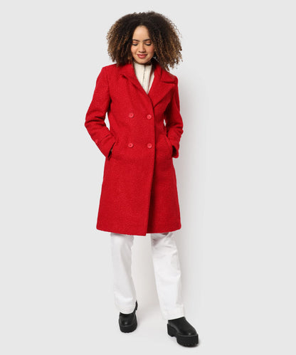 Campus Sutra Womens Red Regular Fit Long Coat For Winter Wear | Collar Neck | Full Sleeve | Buttoned | Casual Jacket For Woman