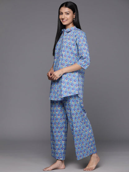 Libas Womens Printed Cotton Night Suit Set For Women Blue