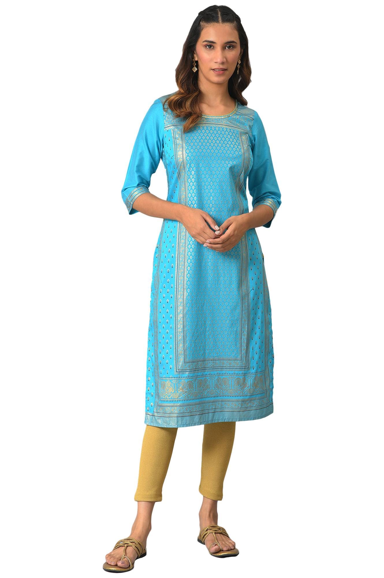 Aurelia Women's Viscose Geometric Regular Shirt (23AUA11331-506643_Nautica Blue