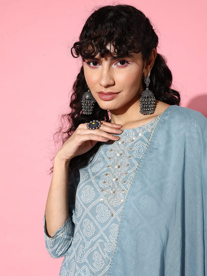Ishin WomenS Cotton Blend Blue Embroidered Anarkali Kurta With Dupatta