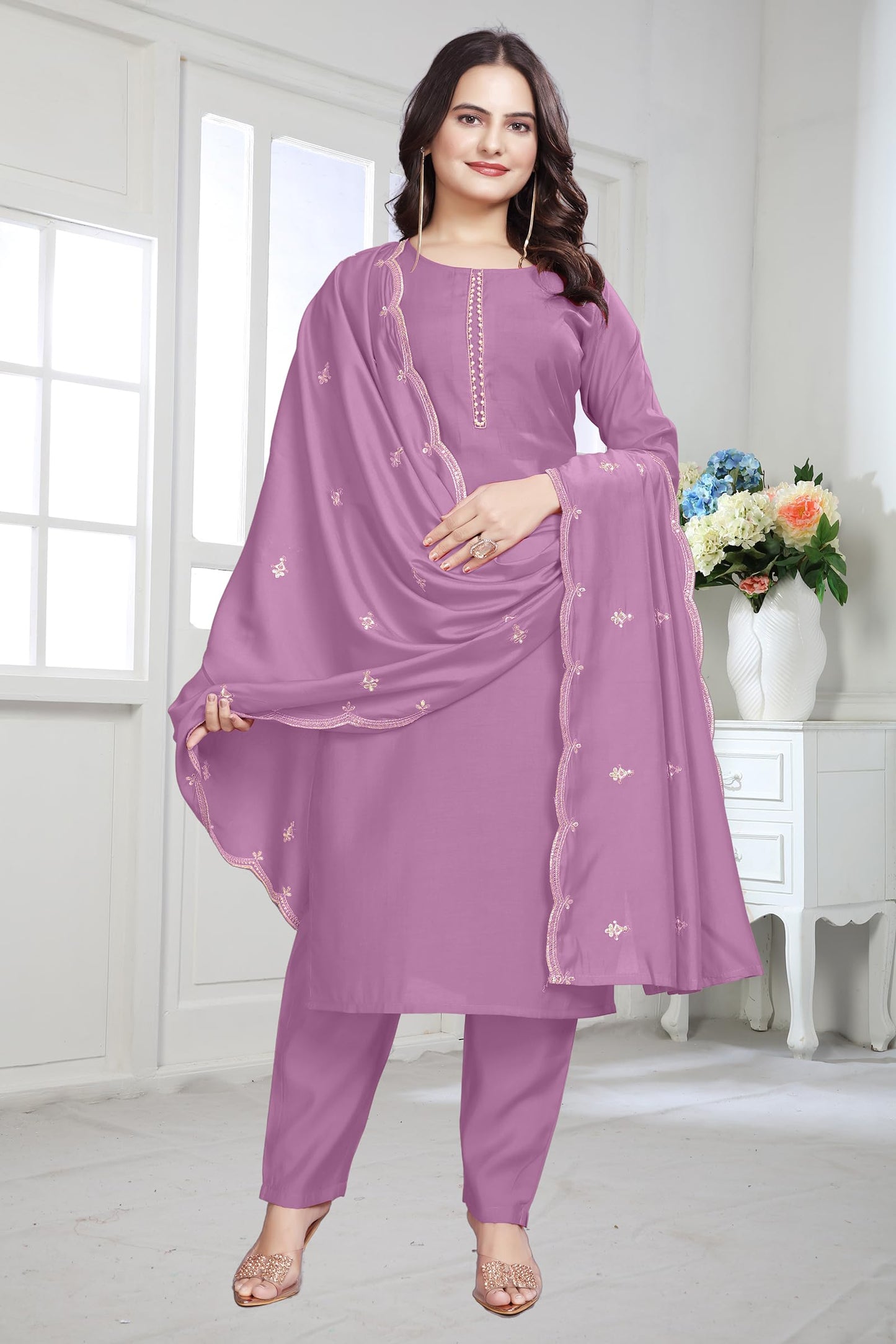 Satpurush WomenS Lavender Cotton Silk Round Neck 3/4Th Sleeve Floral Embroidery Straight Kurta Salwar Suit Set With Pant(Bvm-15