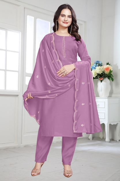 Satpurush WomenS Lavender Cotton Silk Round Neck 3/4Th Sleeve Floral Embroidery Straight Kurta Salwar Suit Set With Pant(Bvm-15