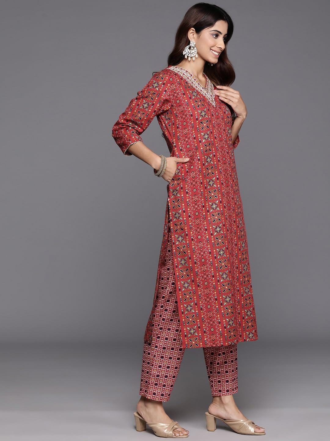 Varanga Women Red Printed V-Neck Embroidered Kurta With Bottom And Dupatta