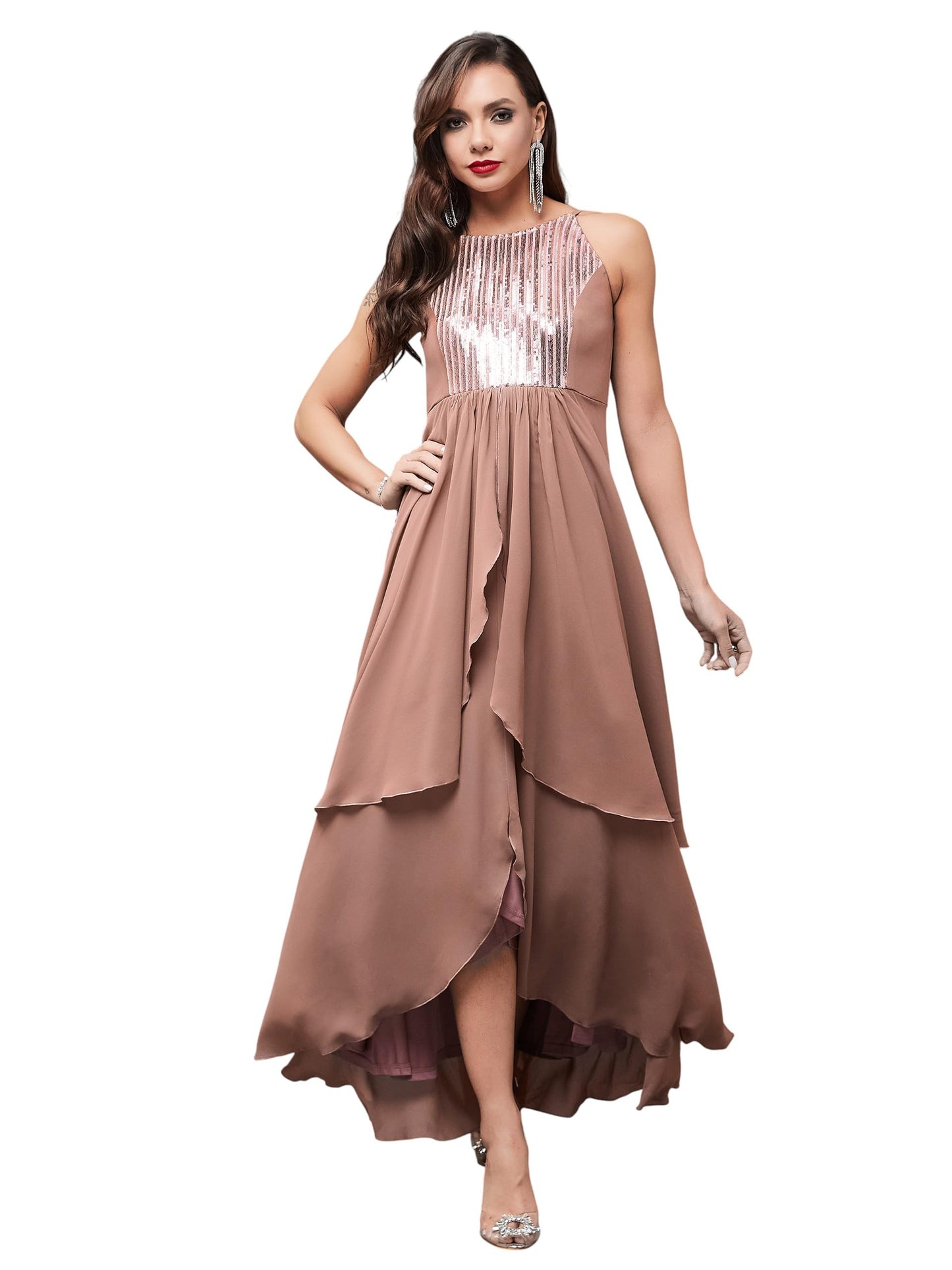 Miss Chase Womens Halter Neck Sleeveless Embellished Layered Maxi Dress (MCSS24D16-54-340-06, Multicolored-Base-Dusty Peach, XL