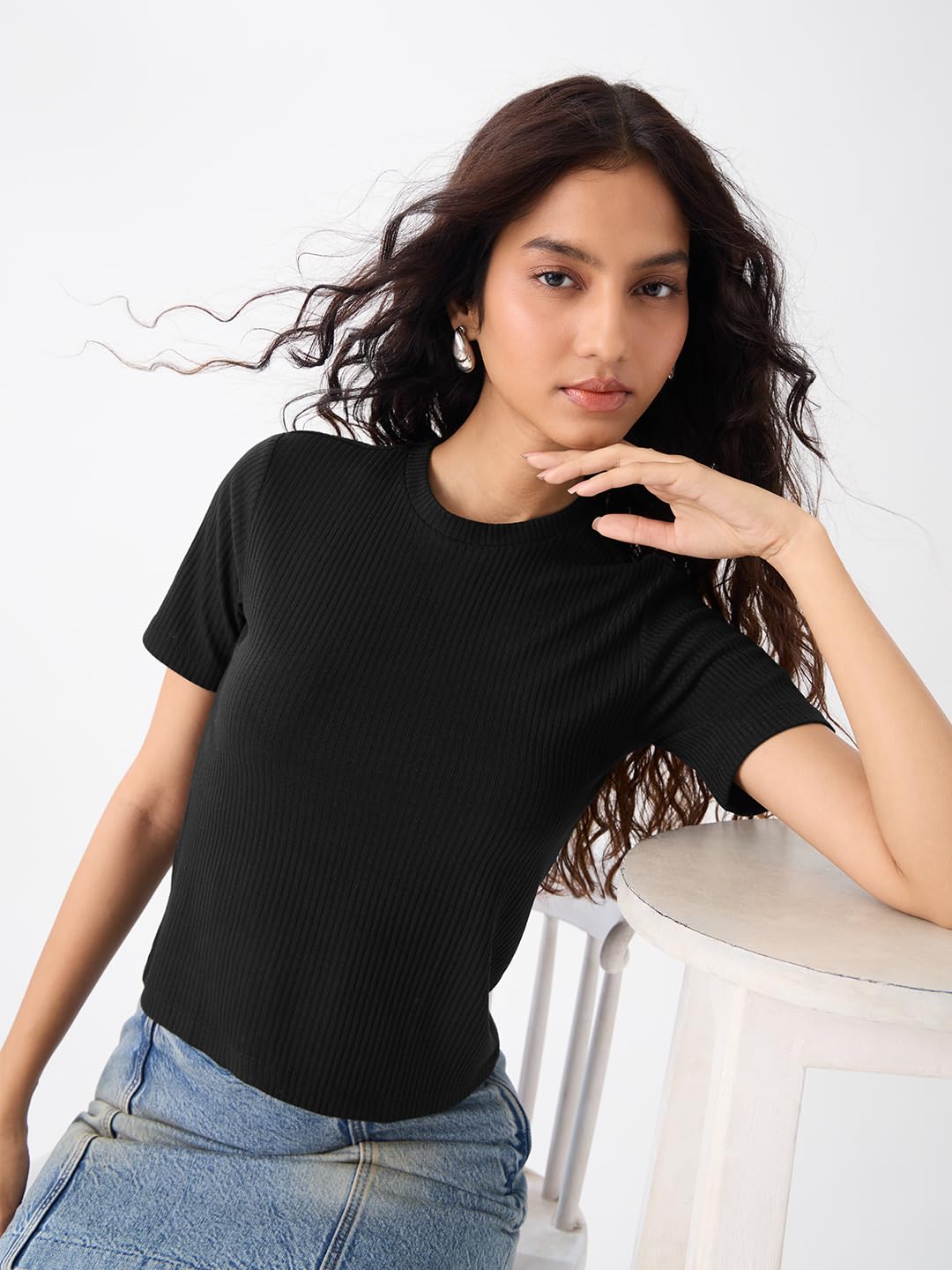 The Souled Store Ribbed T-Shirt: Black Women and Girls Short Sleeves Round Neck Polyester Blend Regular Fit T-Shirts